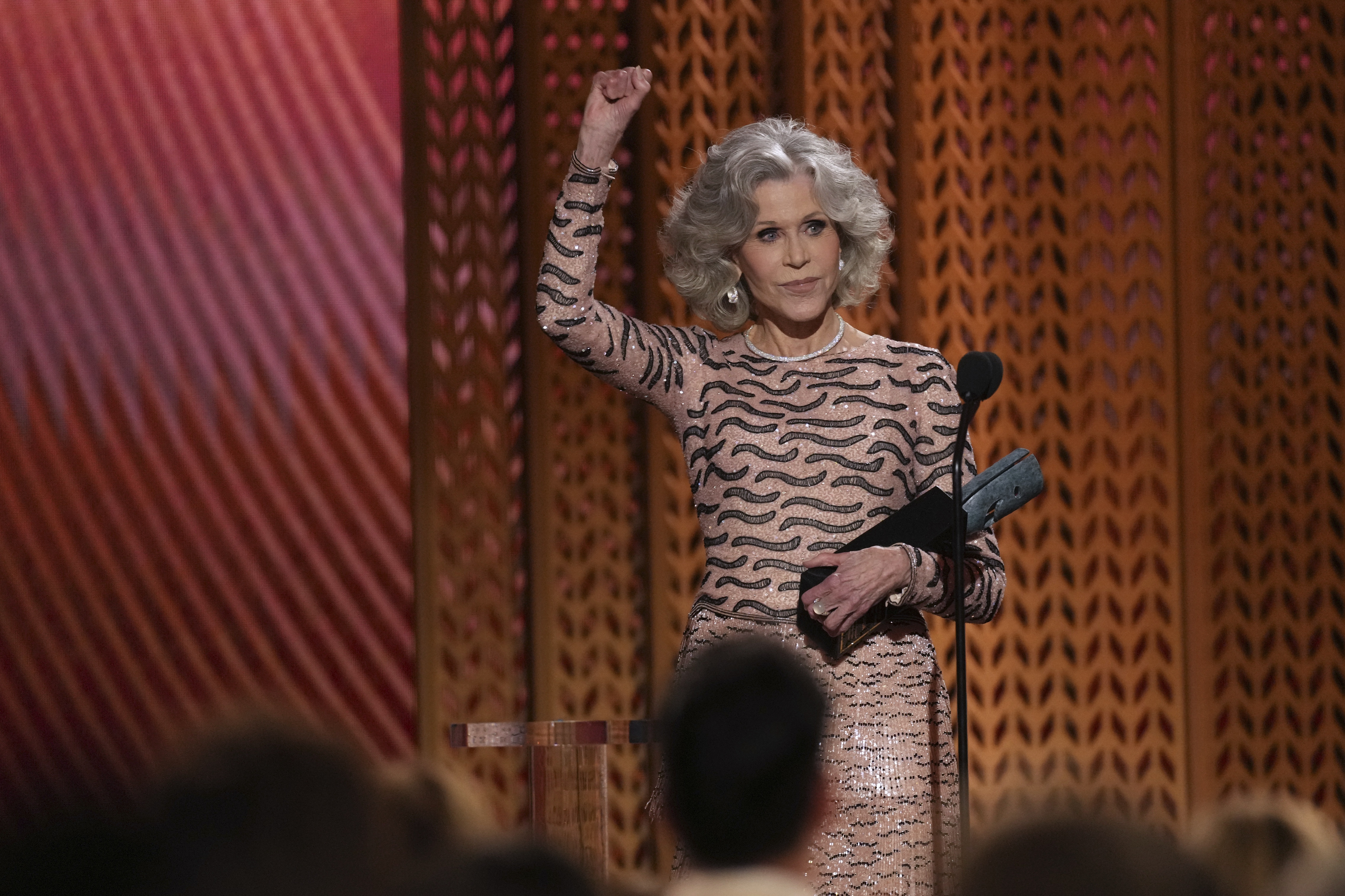 Jane Fonda critiqued the Trump administration during her acceptance speech at the Screen Actors Guild Awards on Feb. 23, 2025.